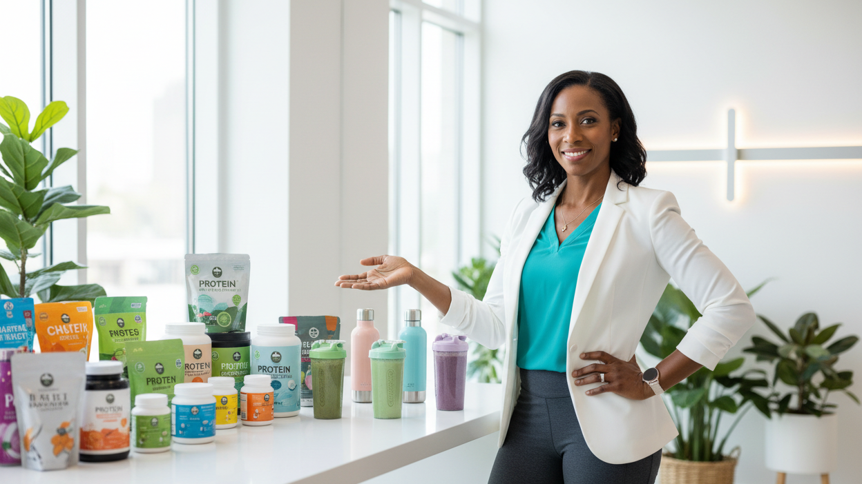 an attractive African American woman influencing people to purchase nutritional products and plantbased protein shakes and water bottles 